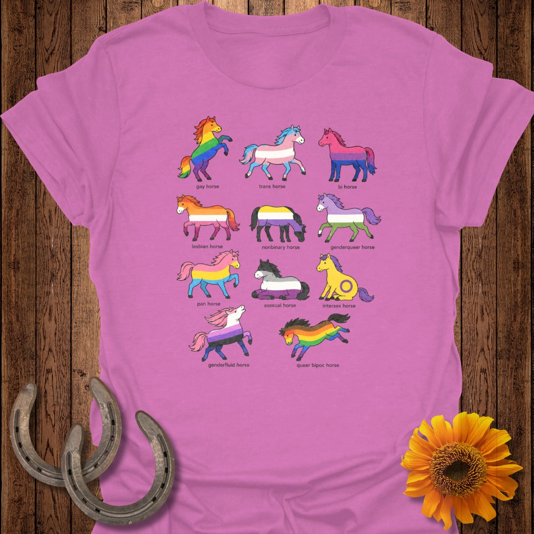 Various illustrated horses representing LGBTQ+ identities, including text labels.