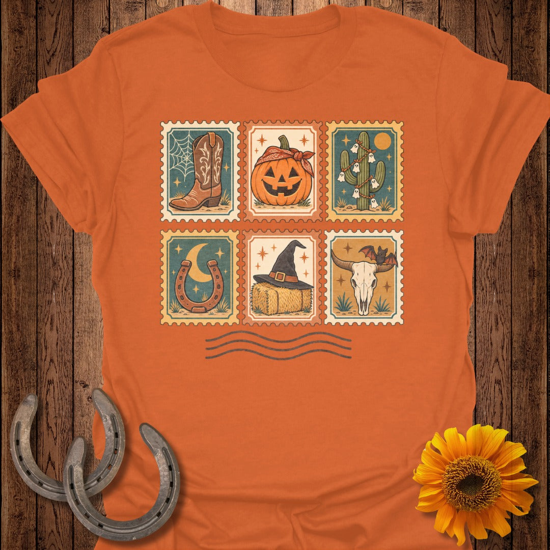 Orange t-shirt with six postage stamps featuring western and Halloween themes.