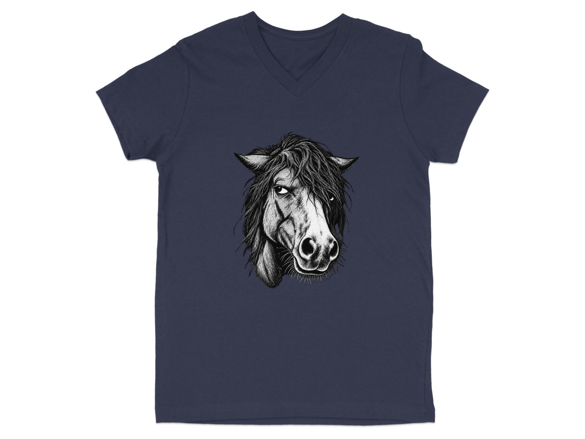 Dark navy v-neck t-shirt with a detailed black and white drawing of a horse's head.