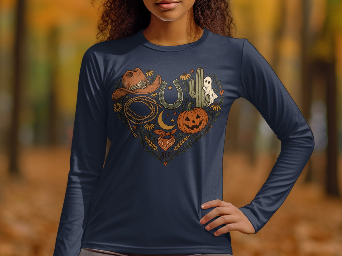Navy long sleeve shirt with heart-shaped graphic of Western and Halloween elements.
