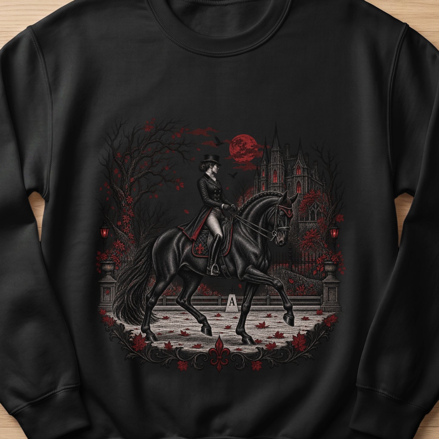 Equestrian scene with a rider on a black horse before a gothic castle under a red moon.