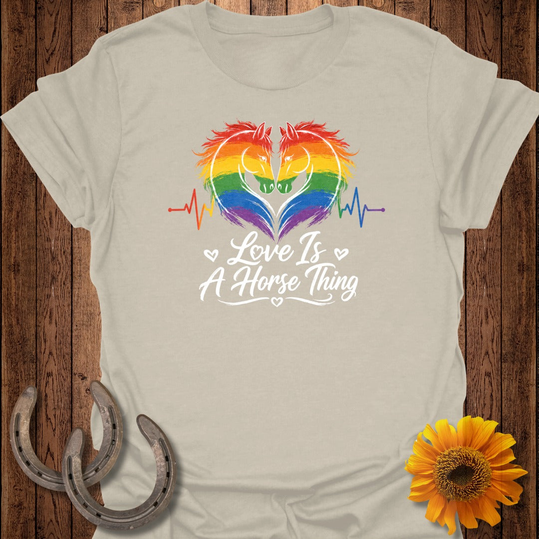 Two horses in rainbow colors with a heartbeat line, text "Love Is A Horse Thing".
