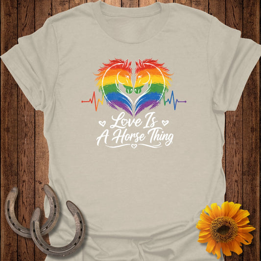 Two horses in rainbow colors with a heartbeat line, text "Love Is A Horse Thing".