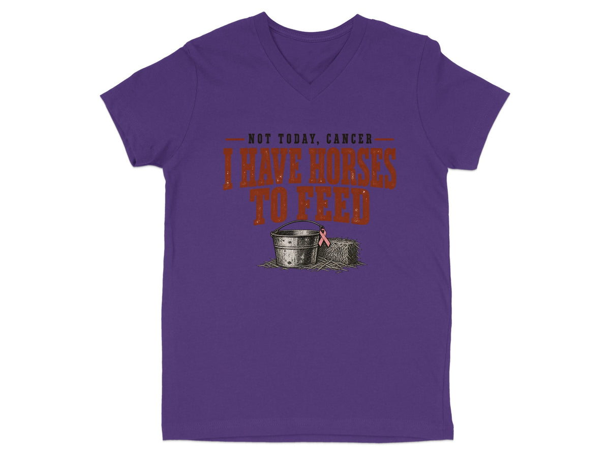 Purple v-neck t-shirt with "Not today, cancer I have horses to feed" text and bucket with hay bale and pink ribbon.