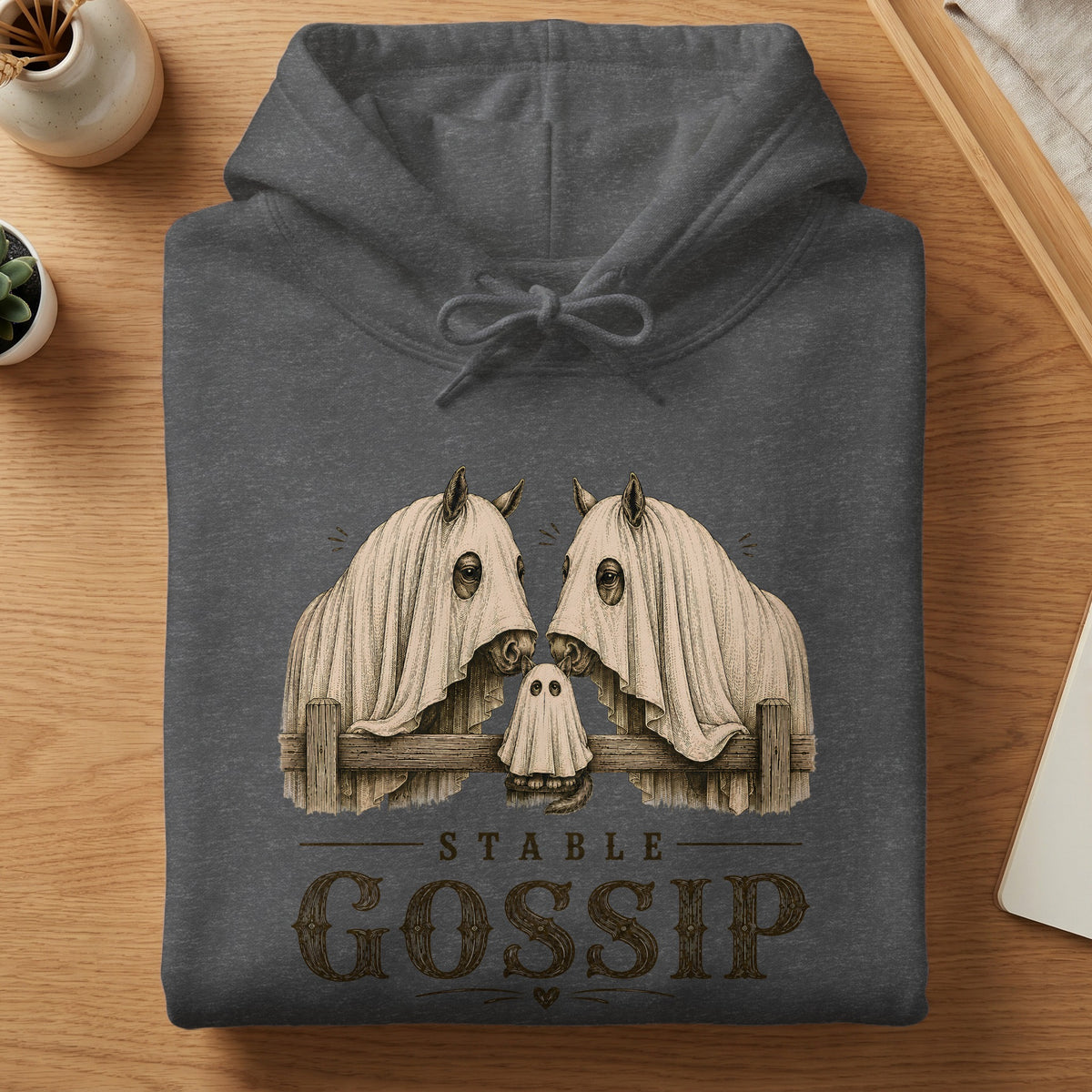 Dark grey hoodie with "Stable Gossip" text and horses dressed as ghosts.