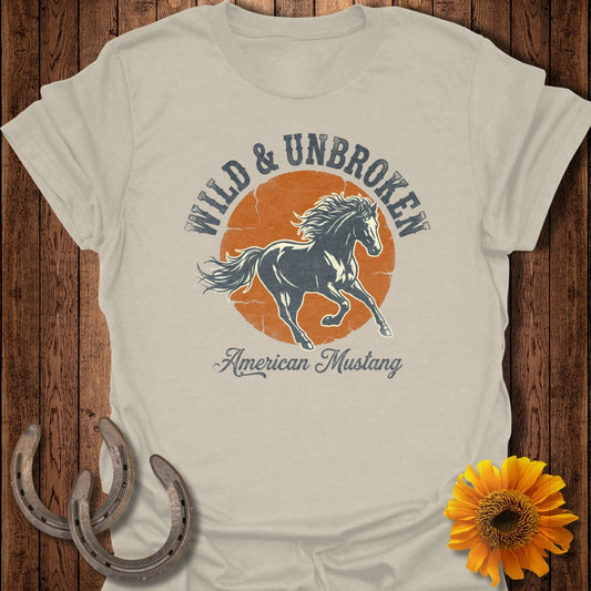 T-shirt with "Wild & Unbroken American Mustang" text and horse graphic.