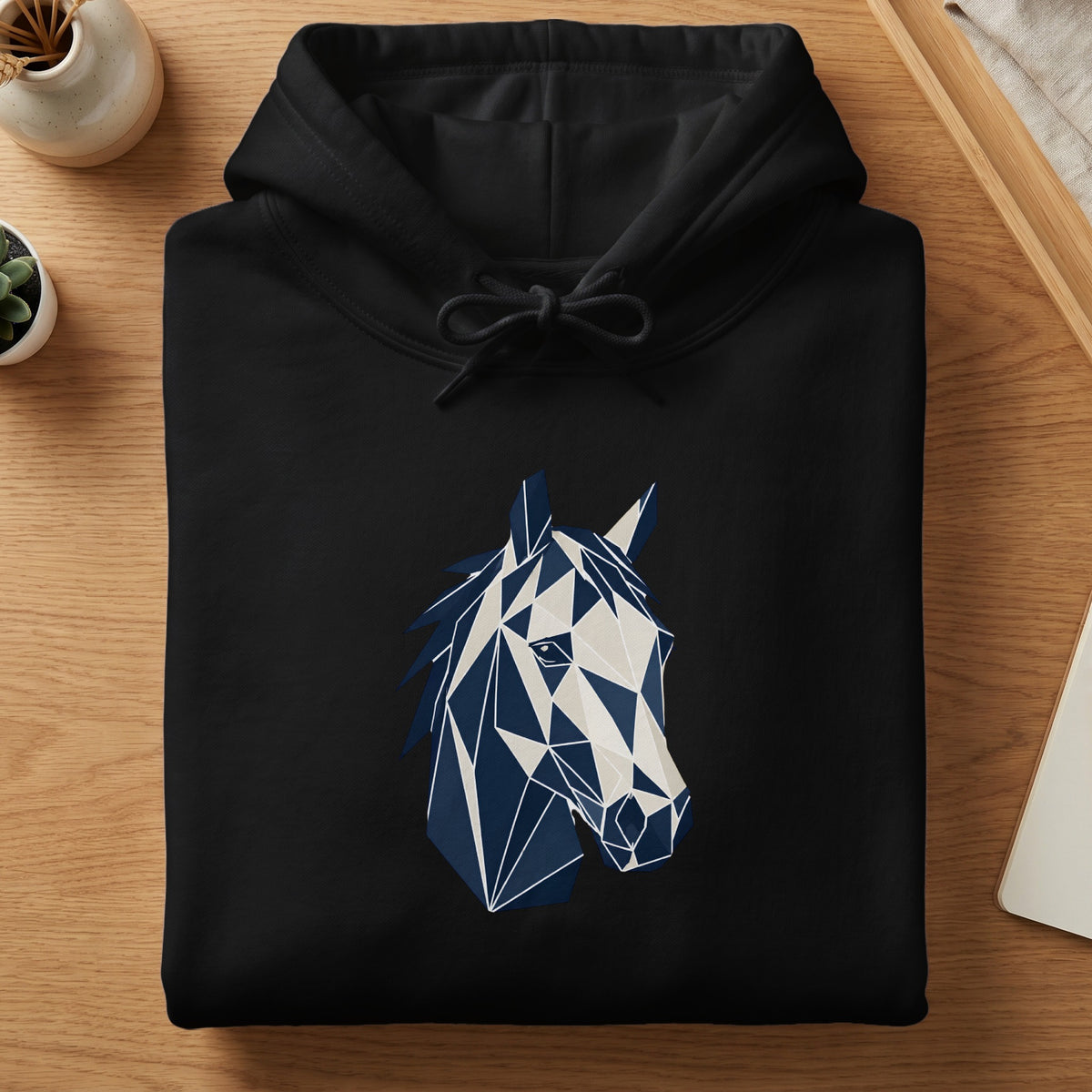 Black hoodie with geometric navy and cream horse head graphic.
