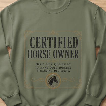 Green sweatshirt with "Certified Horse Owner" and horse graphic.