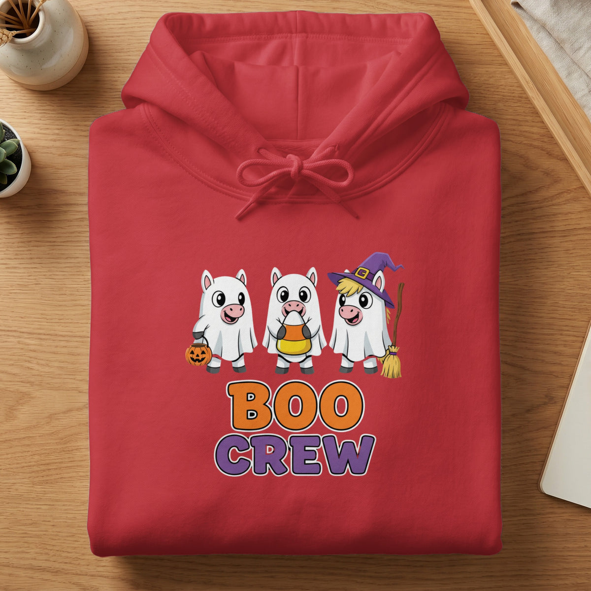 Red hoodie with three cartoon unicorns dressed for Halloween, saying "BOO CREW".