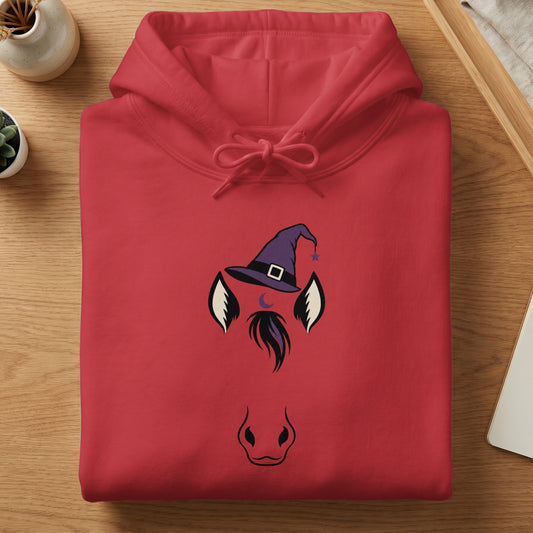 Red hoodie with a black and purple horse witch graphic on the chest.