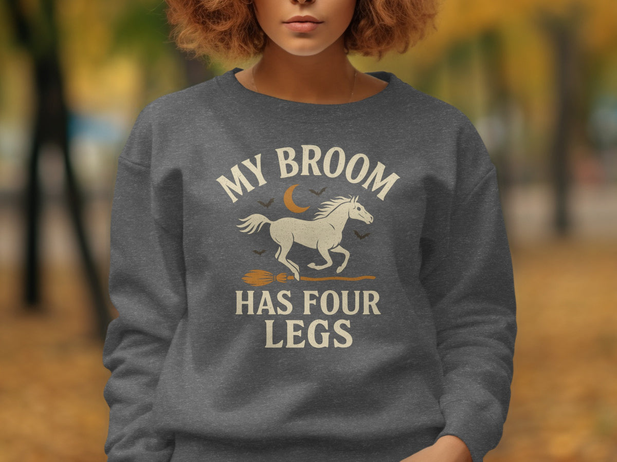 Dark grey sweatshirt with "My Broom Has Four Legs" text and horse graphic.