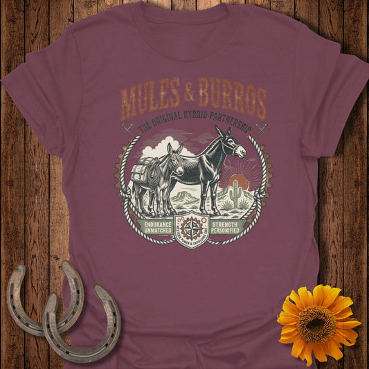 T-shirt graphic: Mules & Burros, The Original Hybrid Partnership.