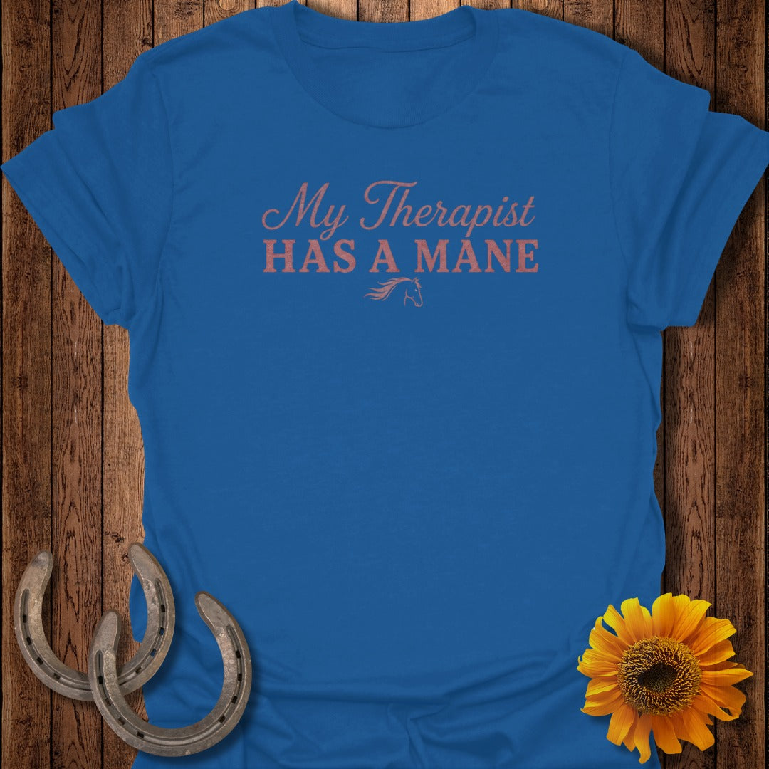 Royal blue t-shirt with "My Therapist Has A Mane" and horse graphic