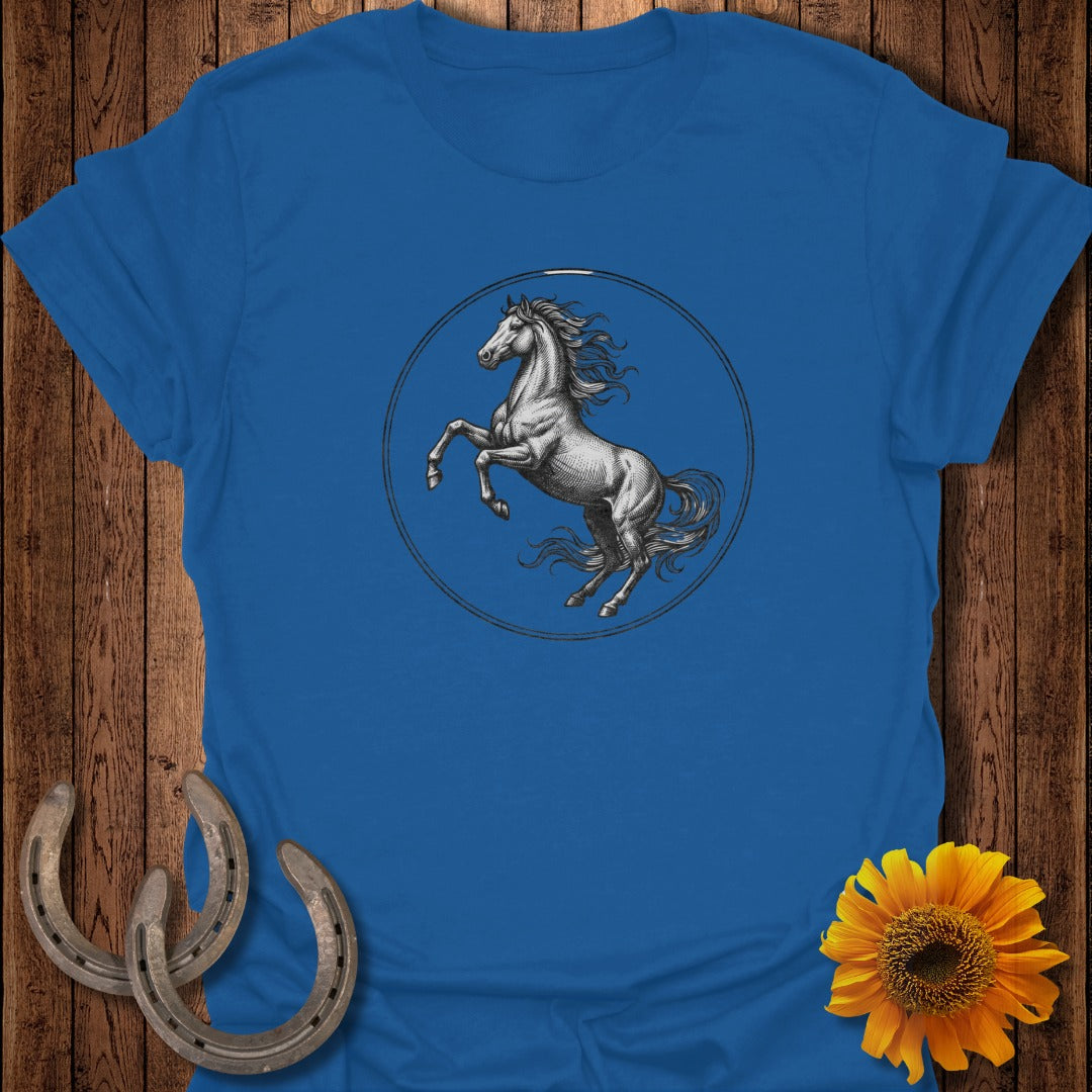 Royal blue t-shirt with a rearing horse illustration in a circle.