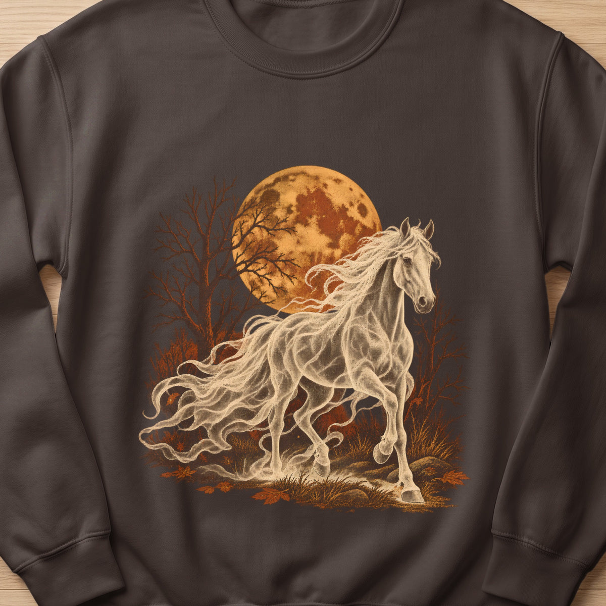 Ghostly white horse with flowing mane and tail runs in front of a full moon and trees.