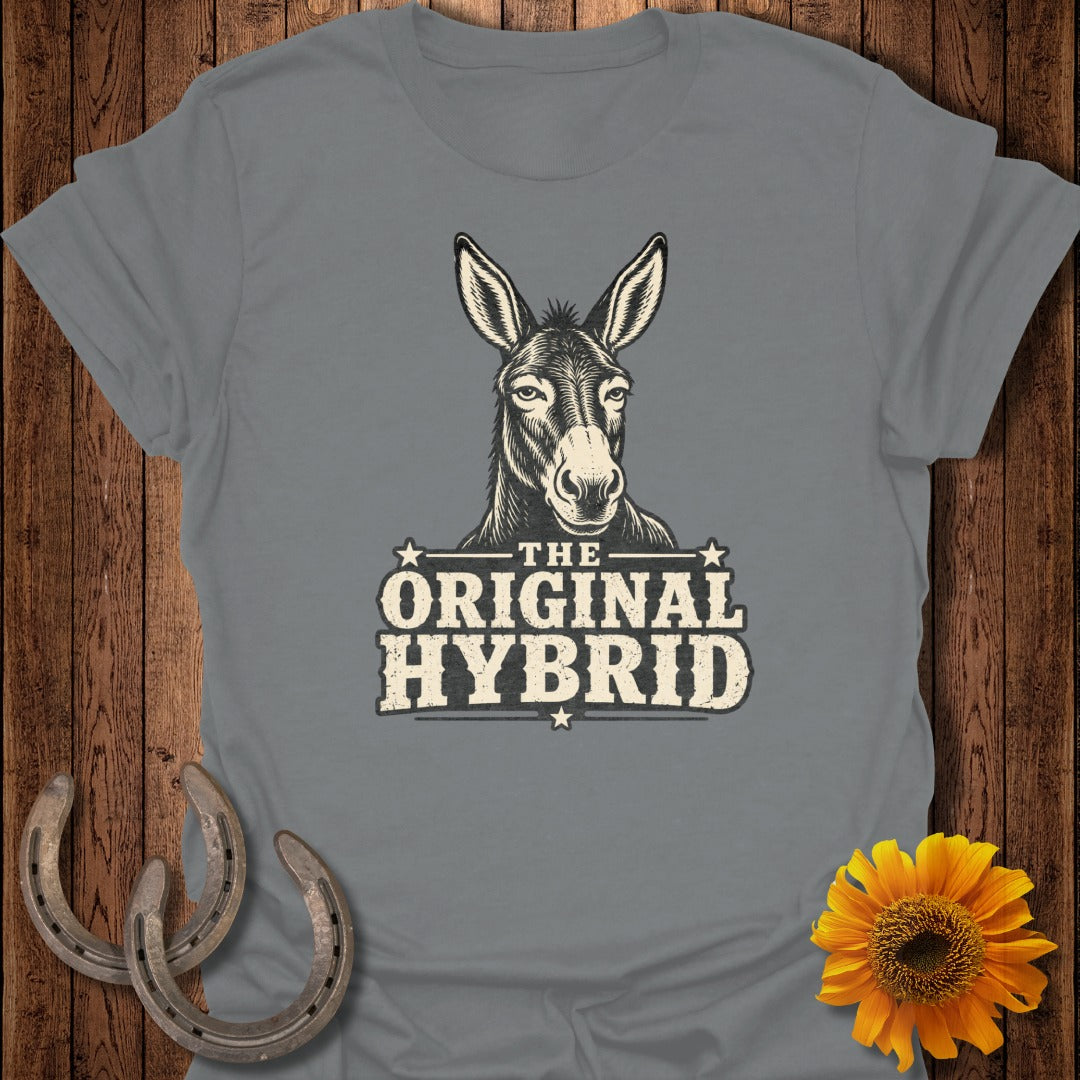 T-shirt graphic with donkey head and "The Original Hybrid" text.