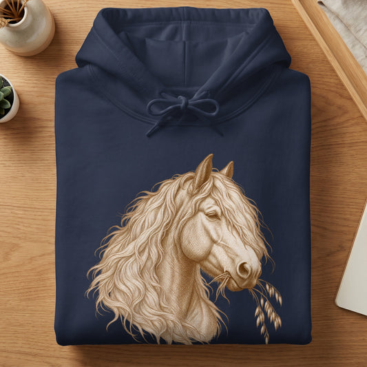 A folded navy blue hooded sweatshirt features a beige illustration of a horse's head.