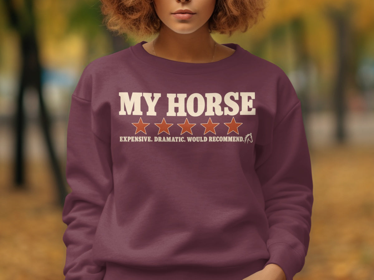 Maroon sweatshirt with "MY HORSE" text, four stars, and "EXPENSIVE. DRAMATIC. WOULD RECOMMEND."