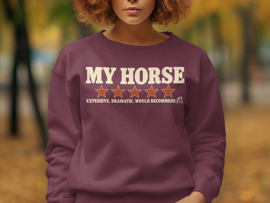 Maroon sweatshirt with "MY HORSE" text, four stars, and "EXPENSIVE. DRAMATIC. WOULD RECOMMEND."