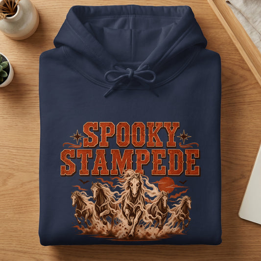 Navy hoodie with "Spooky Stampede" text and running ghostly horses.