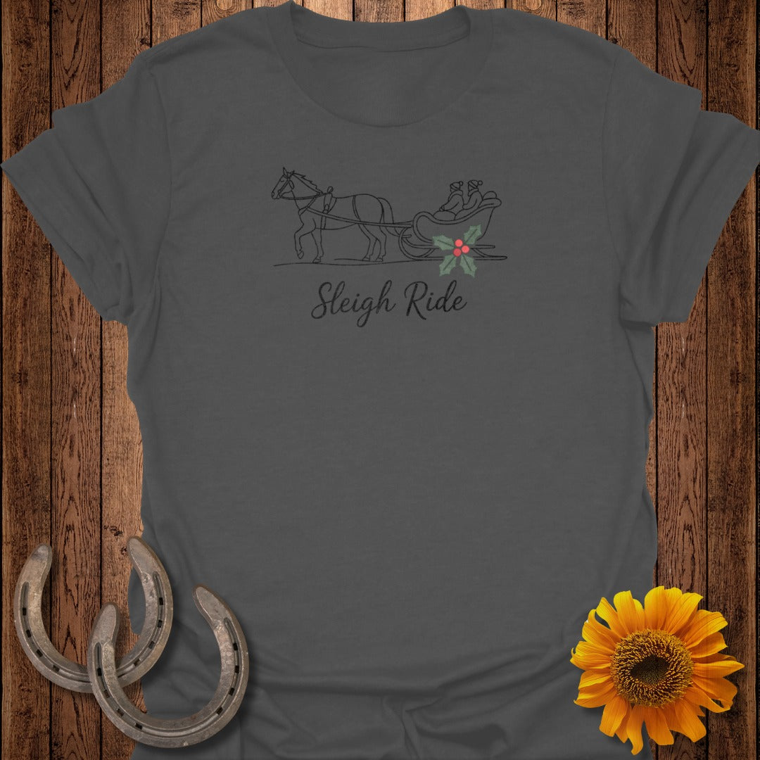 Gray t-shirt with a horse-drawn sleigh and "Sleigh Ride" text.