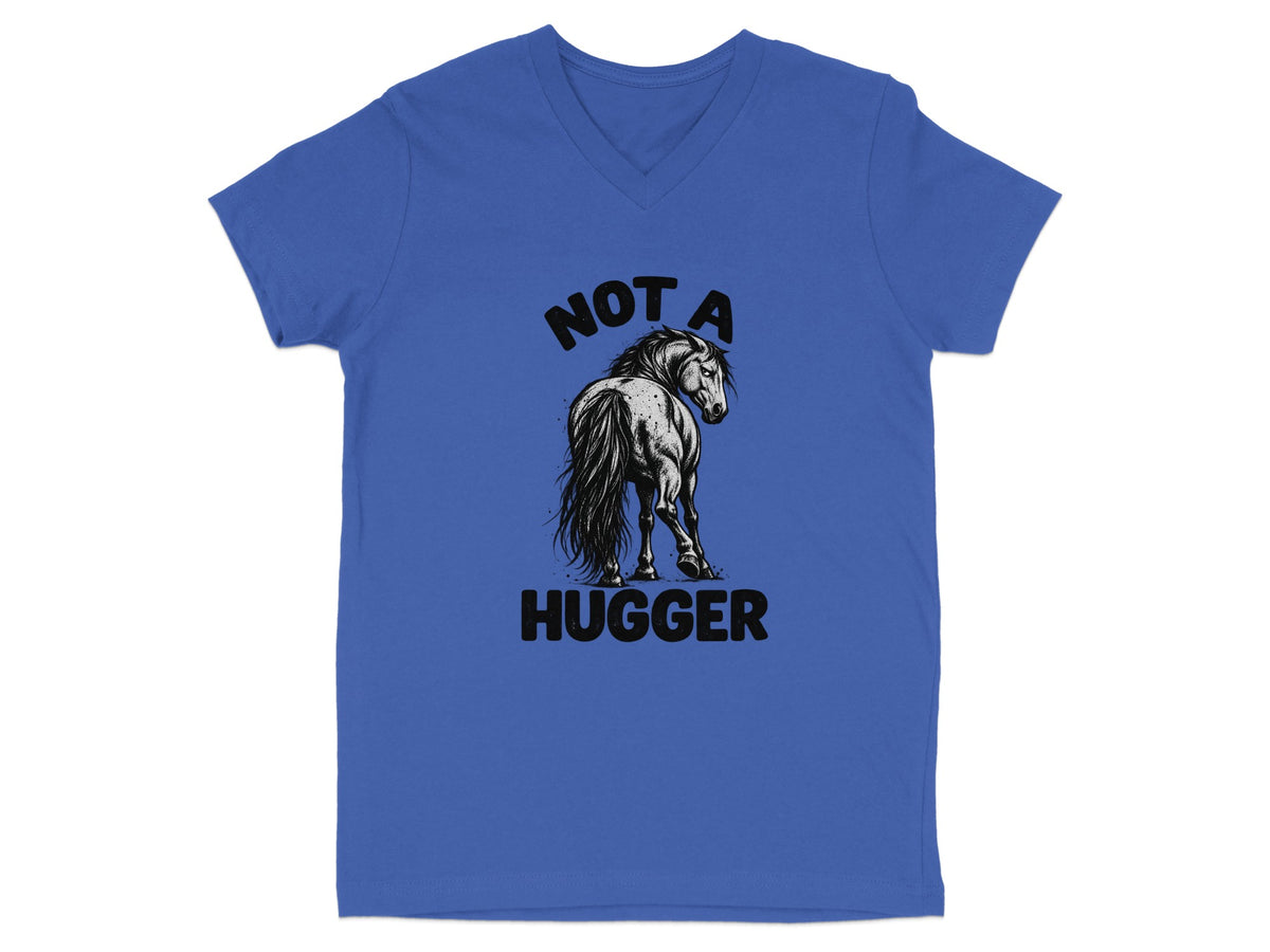 Blue v-neck t-shirt with a black and white drawing of a horse and the text "NOT A HUGGER".