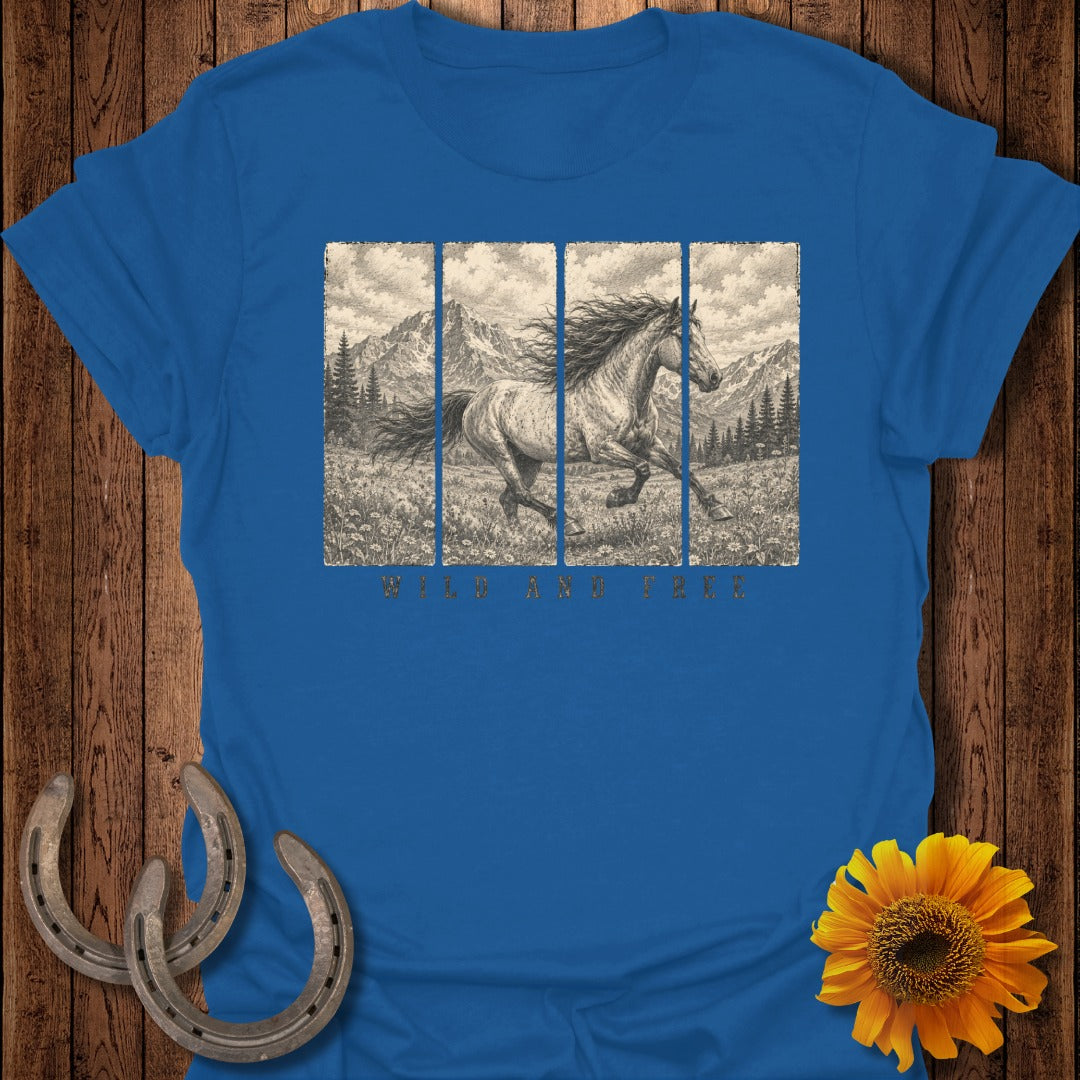 Blue t-shirt with sketch of a running horse in a field, "WILD AND FREE" text.