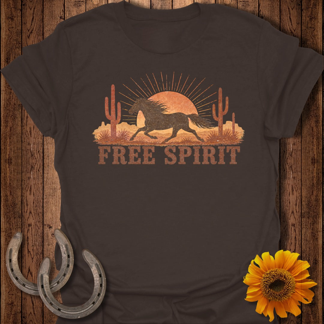 Dark brown t-shirt with "FREE SPIRIT" text and a running horse graphic.
