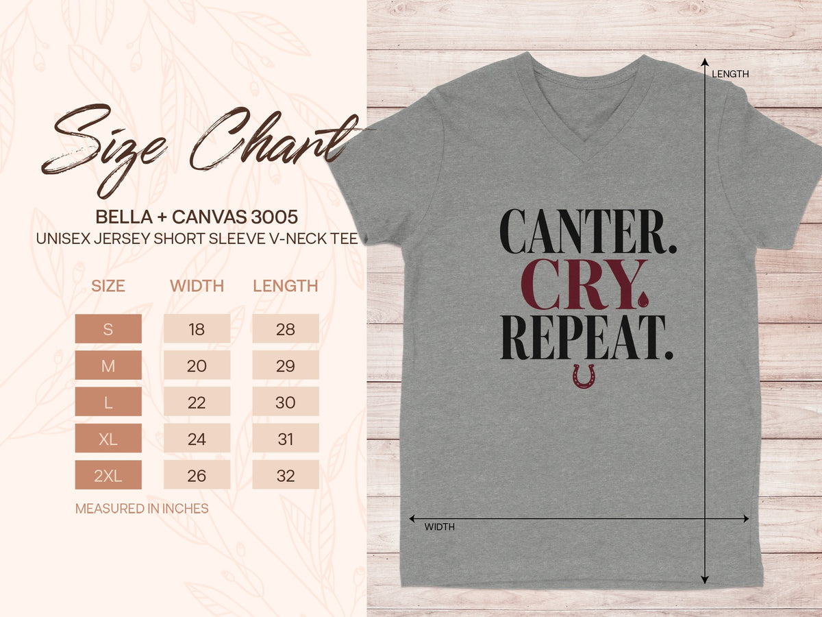 Grey Bella + Canvas 3005 v-neck tee with "Canter. Cry. Repeat." text and size chart.