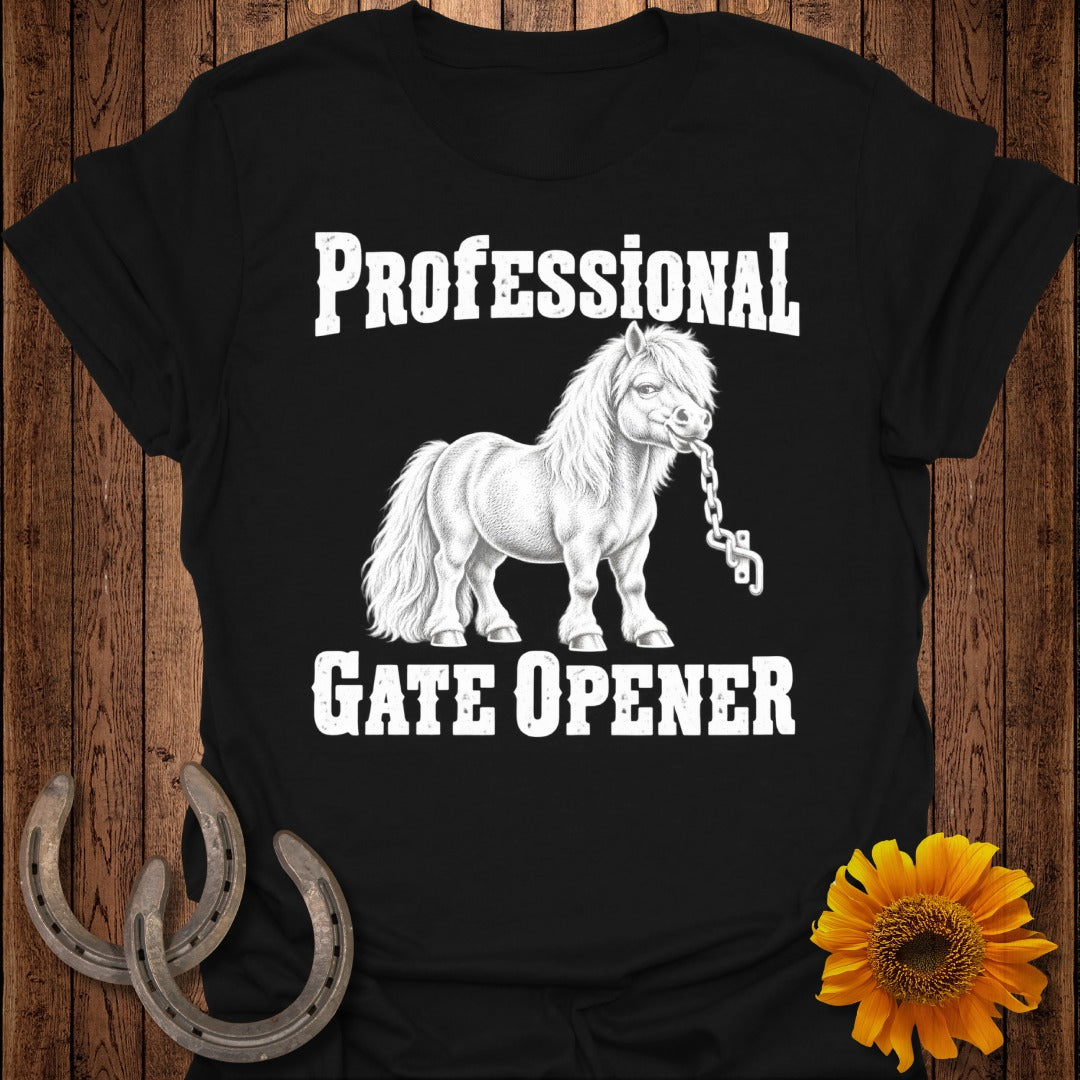 Black t-shirt with a white pony and "Professional Gate Opener" text.