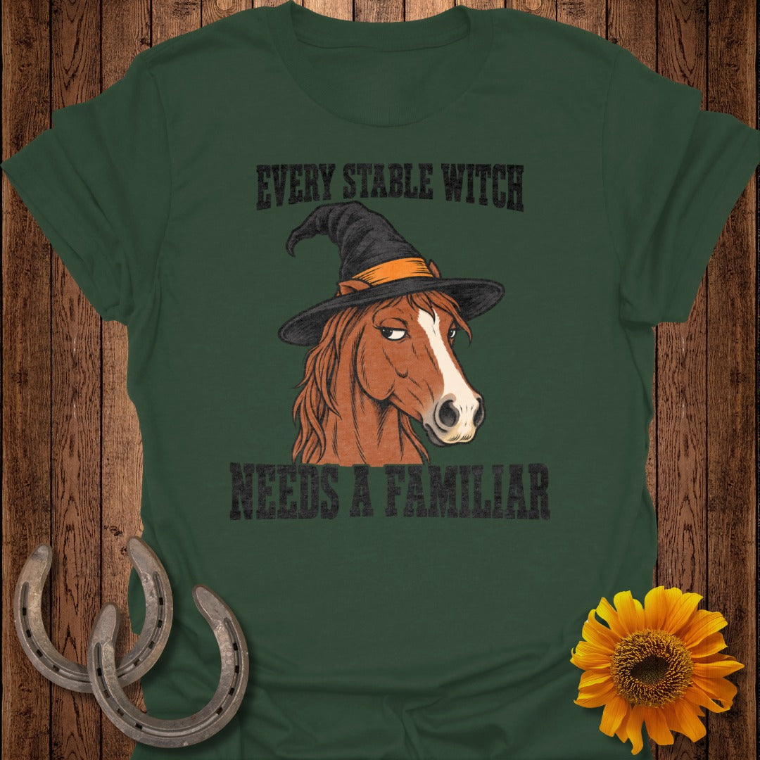 Horse wearing a witch hat with text "Every Stable Witch Needs a Familiar".