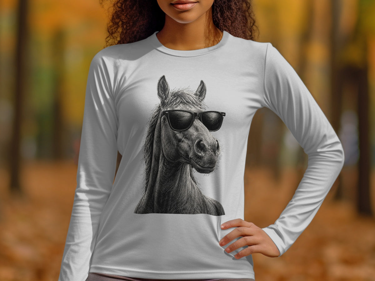 Long sleeve shirt with a graphite drawing of a horse wearing sunglasses.