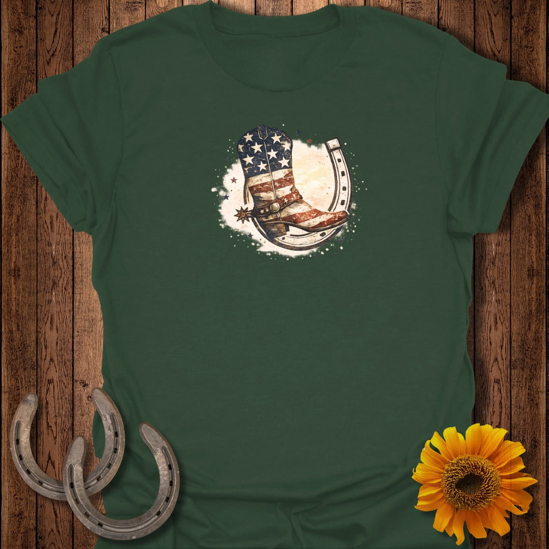 Cowboy boot with American flag design within a horseshoe.