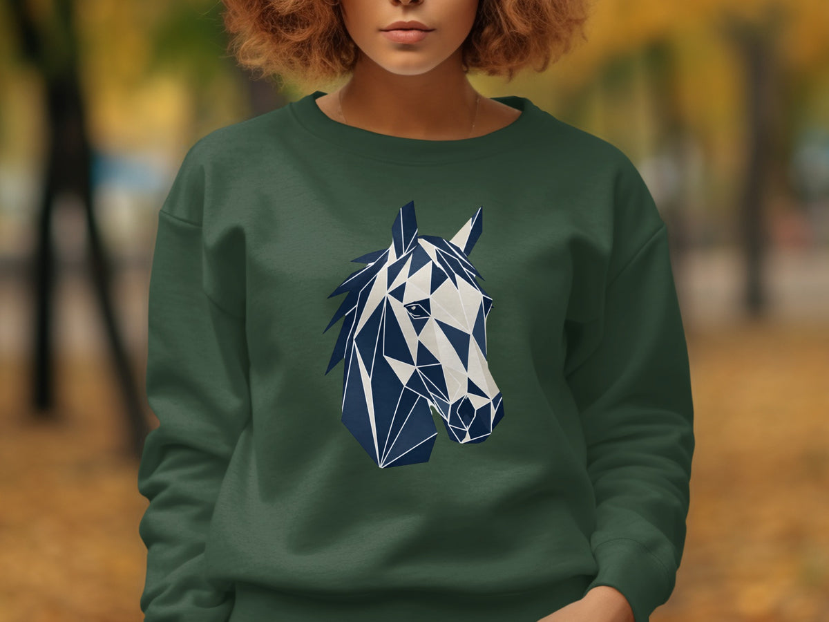 Dark green sweatshirt with a blue and white geometric horse head graphic.