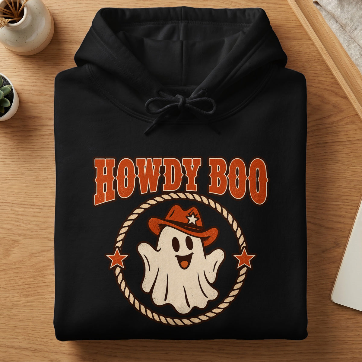 Black hoodie with "Howdy Boo" text and a ghost in a cowboy hat.
