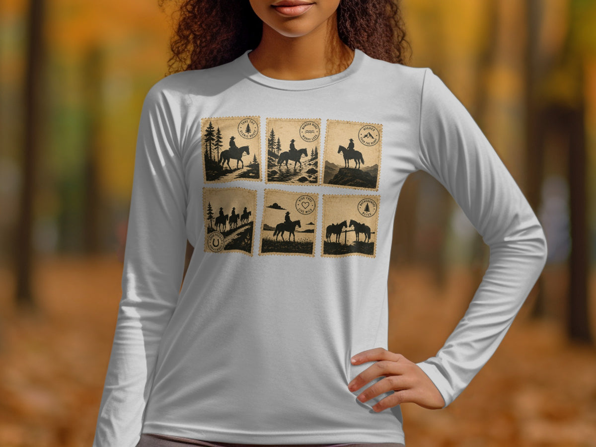 White long-sleeve shirt with six vintage-style stamp graphics of horses and riders.