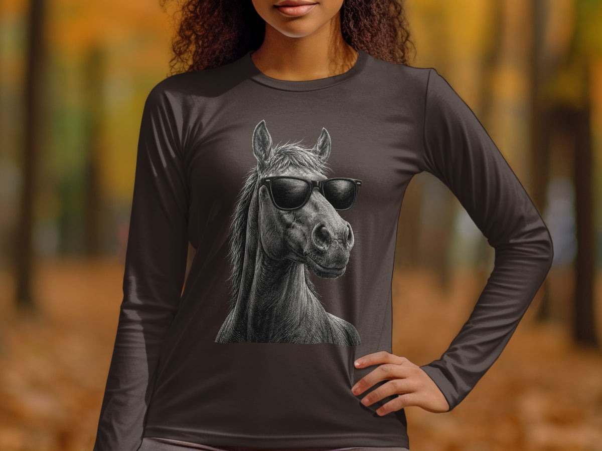 Long-sleeve shirt with a charcoal drawing of a horse wearing sunglasses.