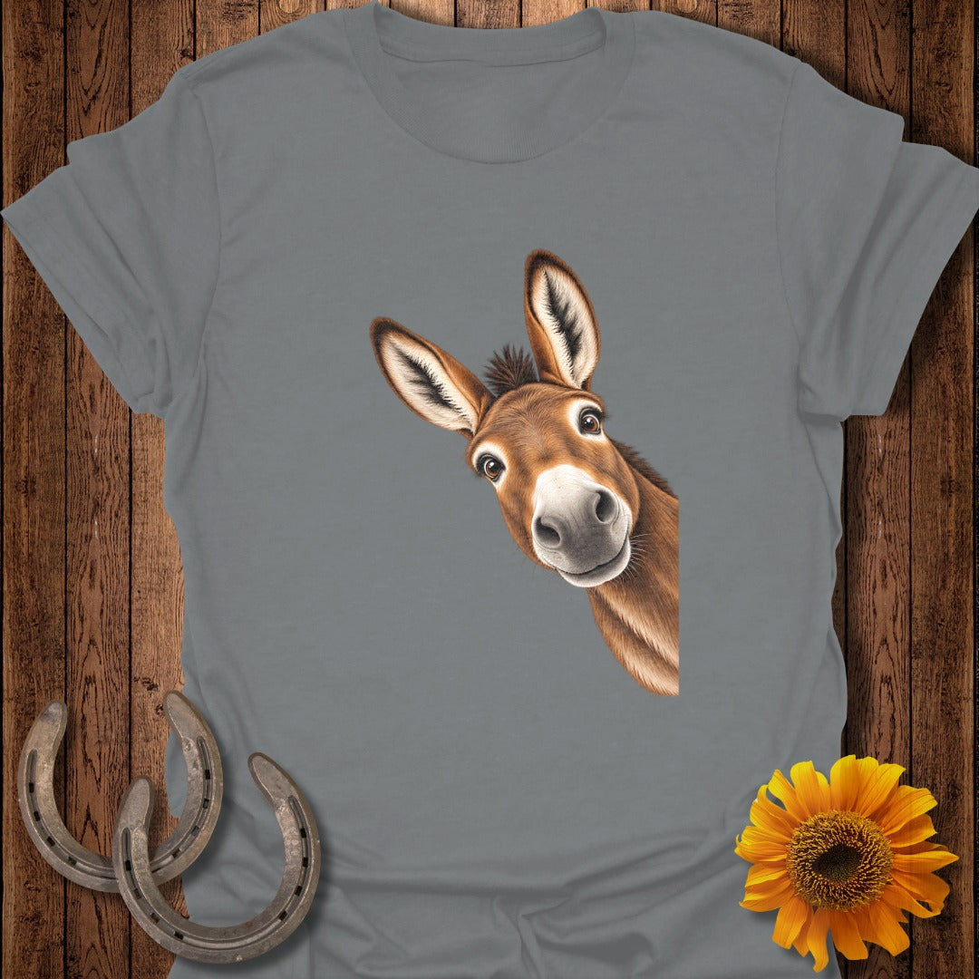 T-shirt with a curious donkey peeking from the side, horseshoes, and sunflower.