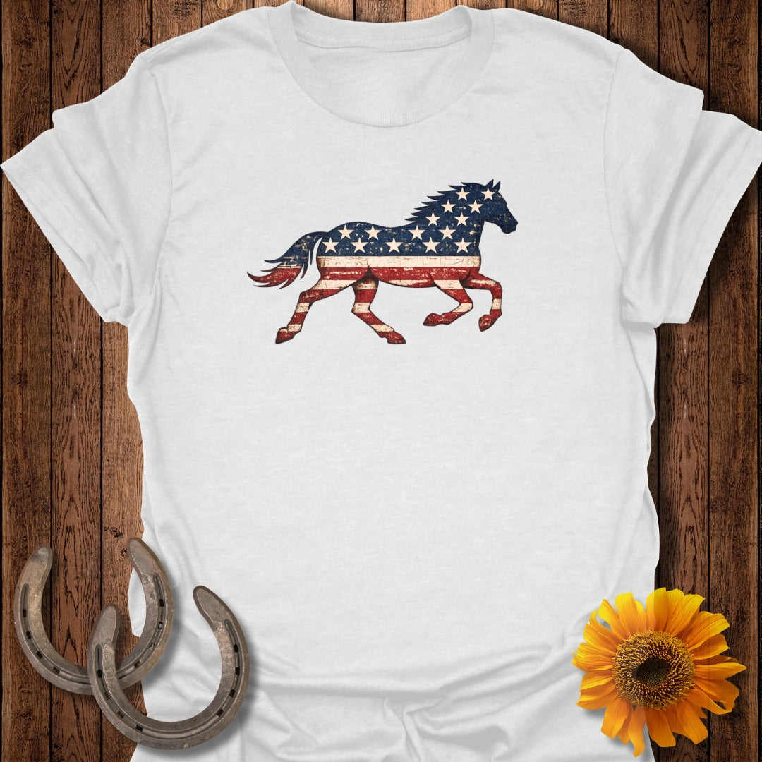 Horse silhouette with American flag pattern on a white t-shirt.