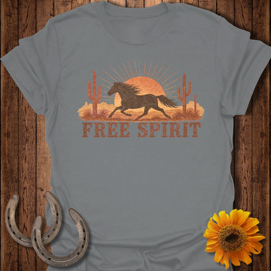 Gray t-shirt with running horse, cacti, sun, and "Free Spirit" text.