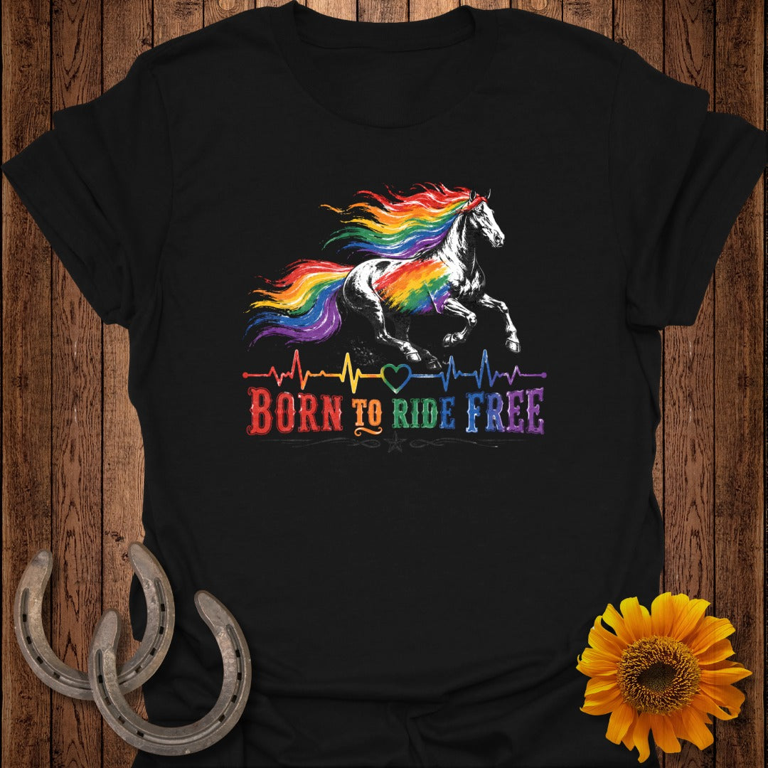 Black t-shirt with rainbow mane horse and text "Born to Ride Free".