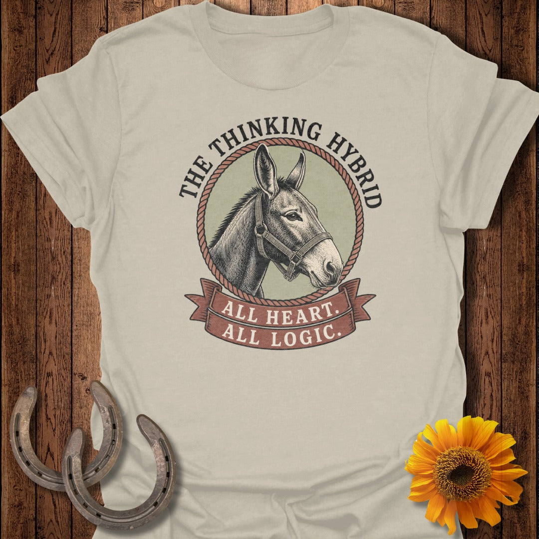 T-shirt featuring a donkey head graphic with "The Thinking Hybrid" text.