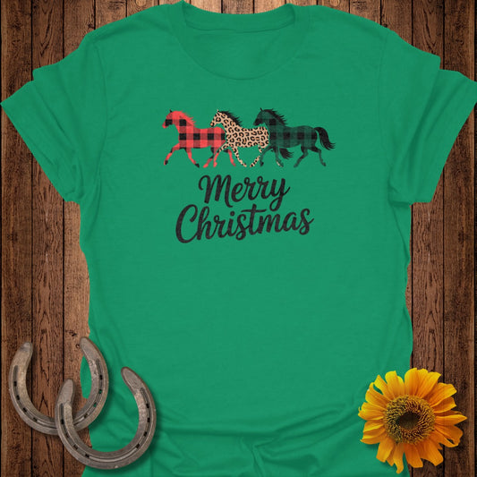 Green t-shirt with three horses and "Merry Christmas" text.