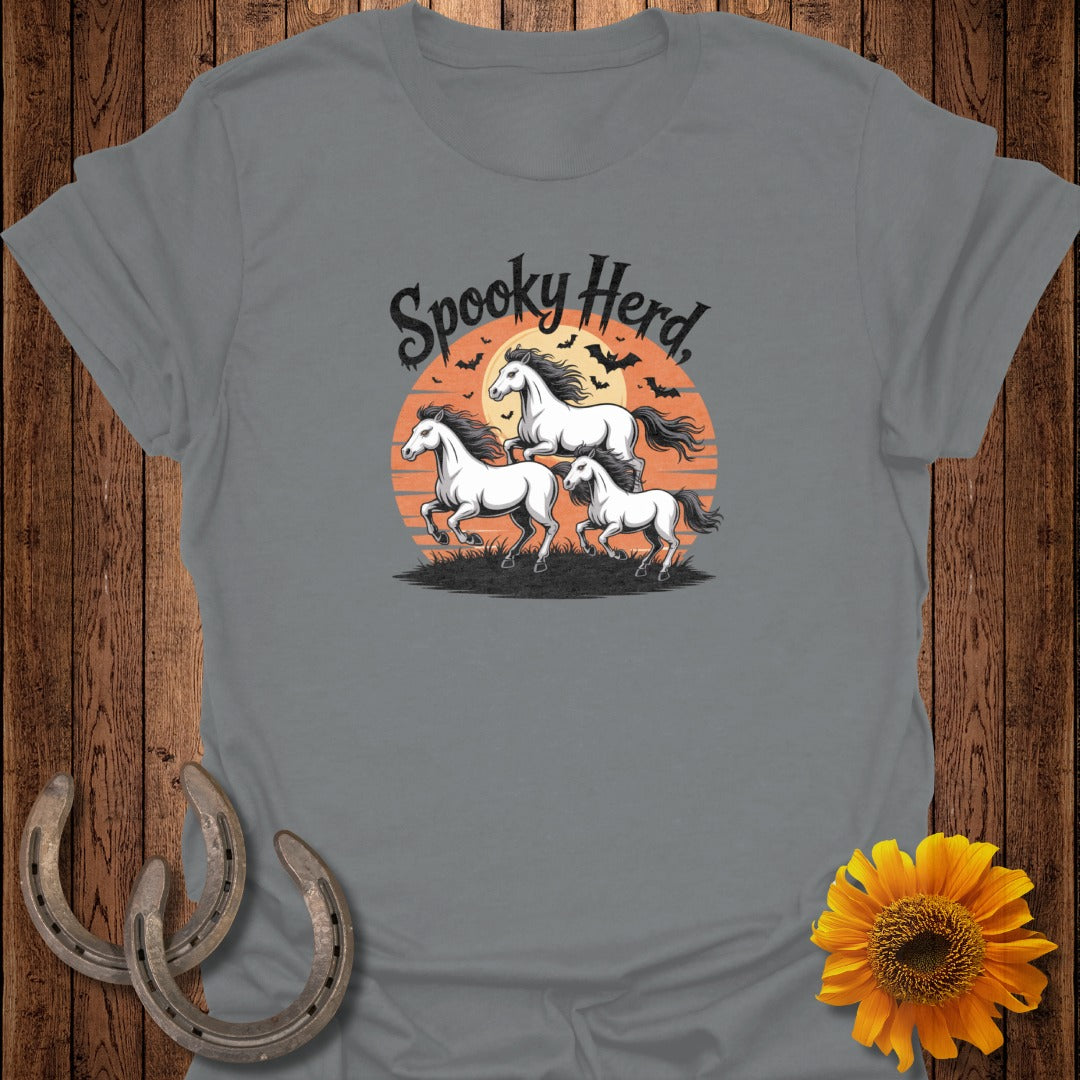 T-shirt graphic with "Spooky Herd" text and three white horses running against a sunset.