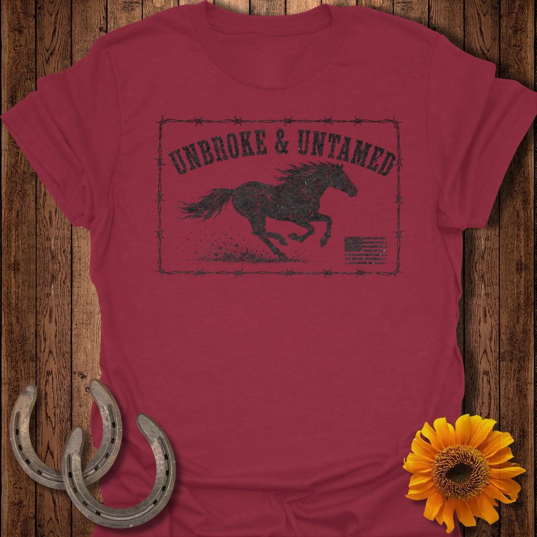 T-shirt with running horse graphic and "UNBROKE & UNTAMED" text.