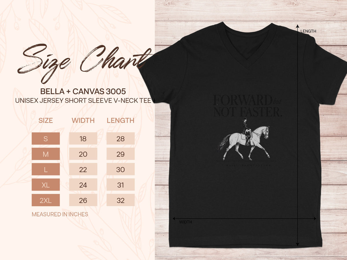 Black Bella+Canvas 3005 unisex v-neck tee with horse graphic and size chart.