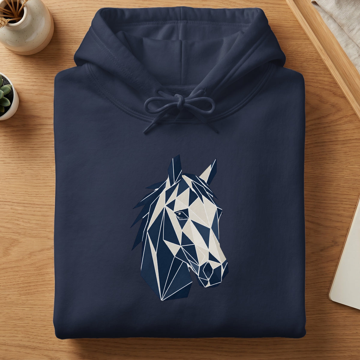 Navy hoodie with a geometric horse head graphic in navy and cream.
