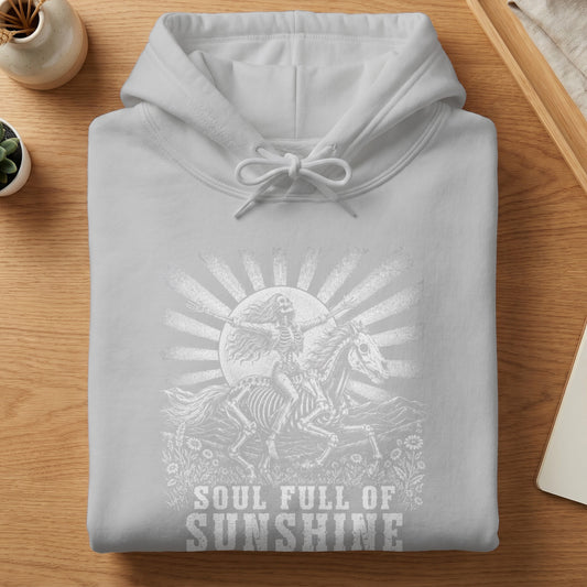 Grey hoodie with skeleton rider on horseback graphic and text "Soul Full of Sunshine".