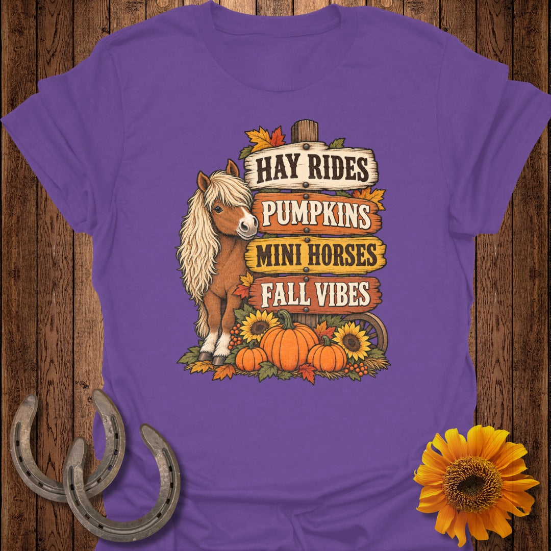 Mini horse with pumpkins and sunflowers on fall vibes sign