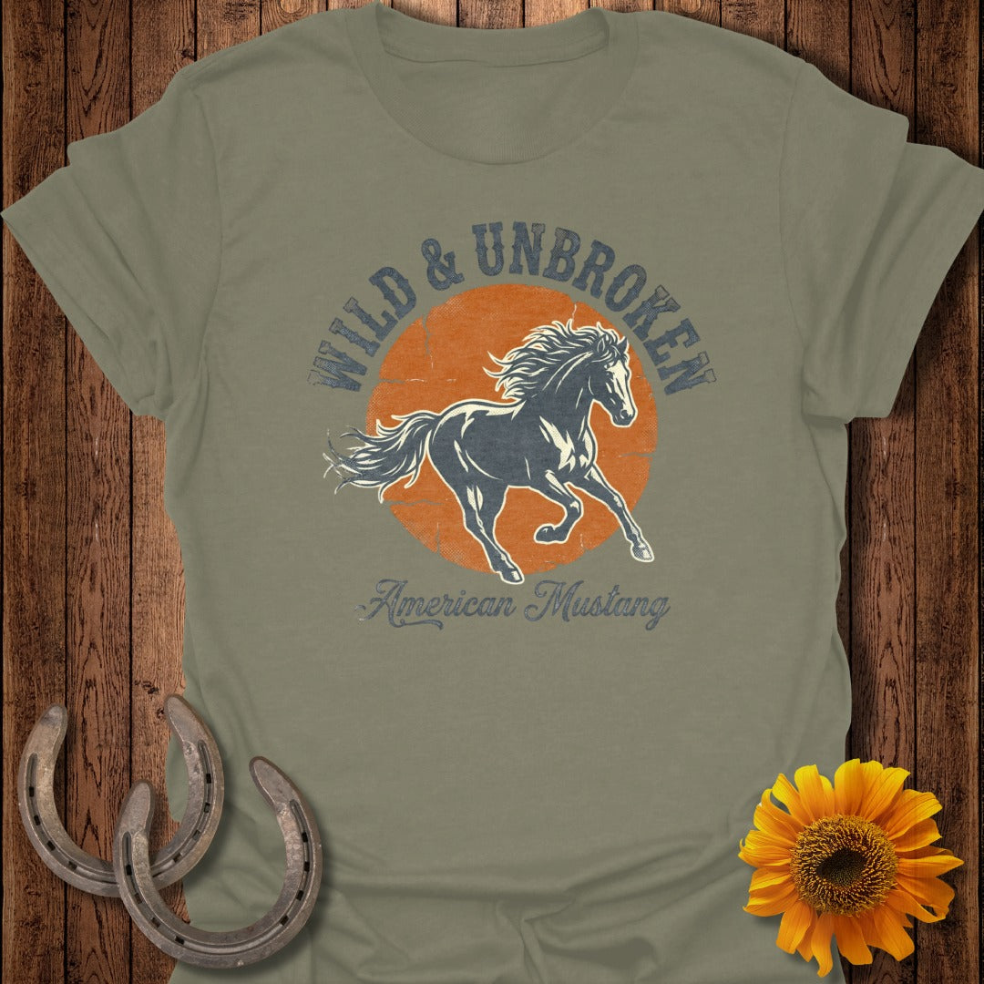 Gray t-shirt with "Wild & Unbroken American Mustang" graphic and horseshoes.